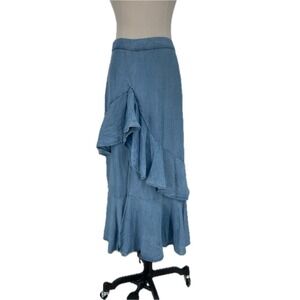 NWT Zara Blue Denim Tiered Flare Long Skirt Ruffle Flounce Front Slit Sz S